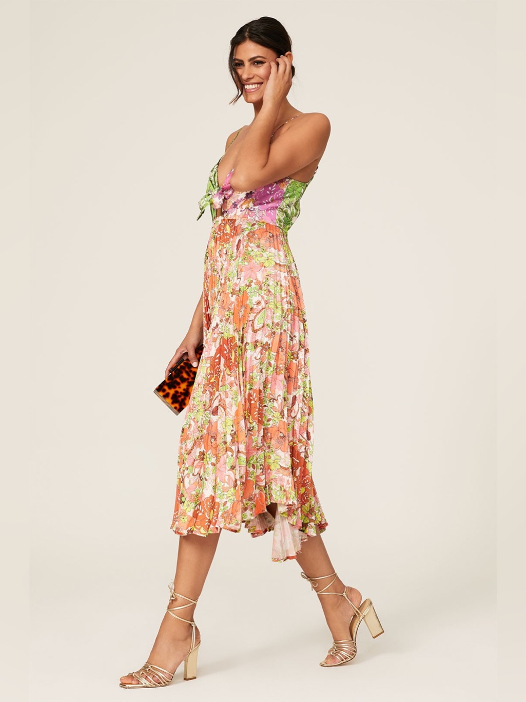 Pleated Floral Midi Skirt In Pink, Orange & Green